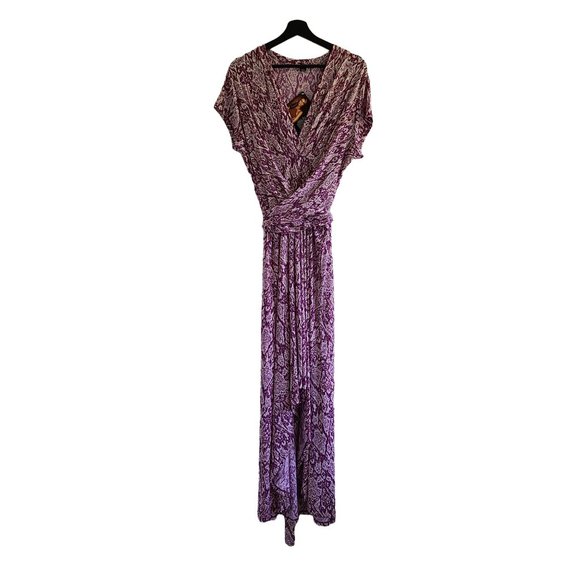 IMAN Dresses & Skirts - Iman Global Chic Hi Low Maxi Dress 1X Purple Gold Print Tie Waist Stretchy